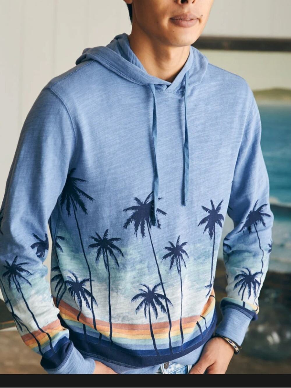Faherty Sunwashed Slub Hoodie Palm Tree Sunset Graphic Organic Cotton‎ Small